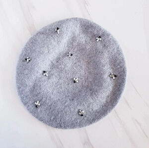 Chico's Rhinestone Bee Beret Hat Gray Grey Slate One Size Wool Blend